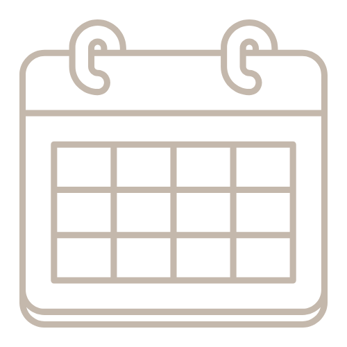 Line-drawn calendar icon in soft taupe, showing a grid of date squares beneath two ring binders