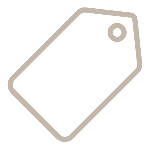 Line drawing icon of an angled price tag with a round hole, in beige on a white background