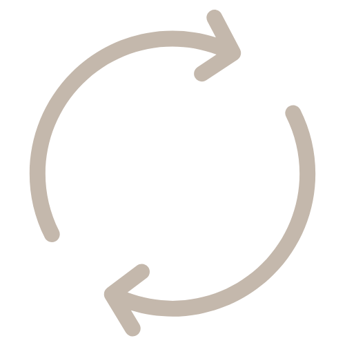 Line icon of two curved arrows forming a circular refresh loop in soft beige on a white background