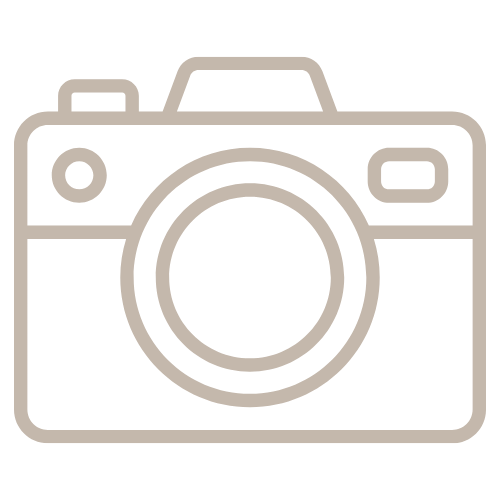 Line-drawn camera icon in beige on a white background