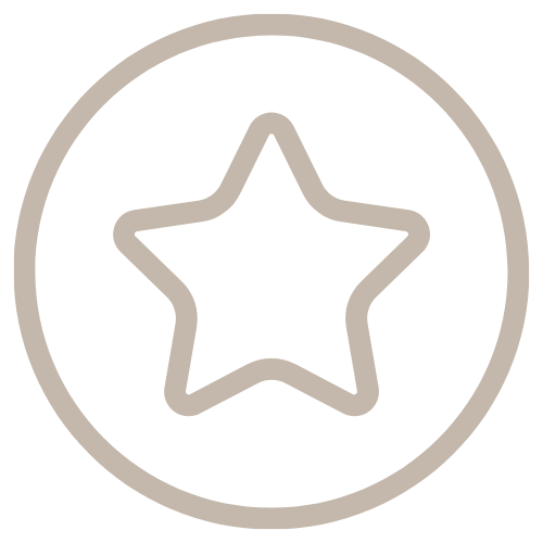 Line icon of a five-pointed star inside a circle, drawn in beige on a white background