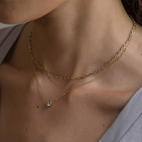 Model wearing Gold Choker and Solitaire Layered Necklace 