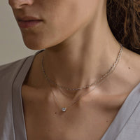 Model wearing Silver Chain Choker and Solitaire Layered Necklace