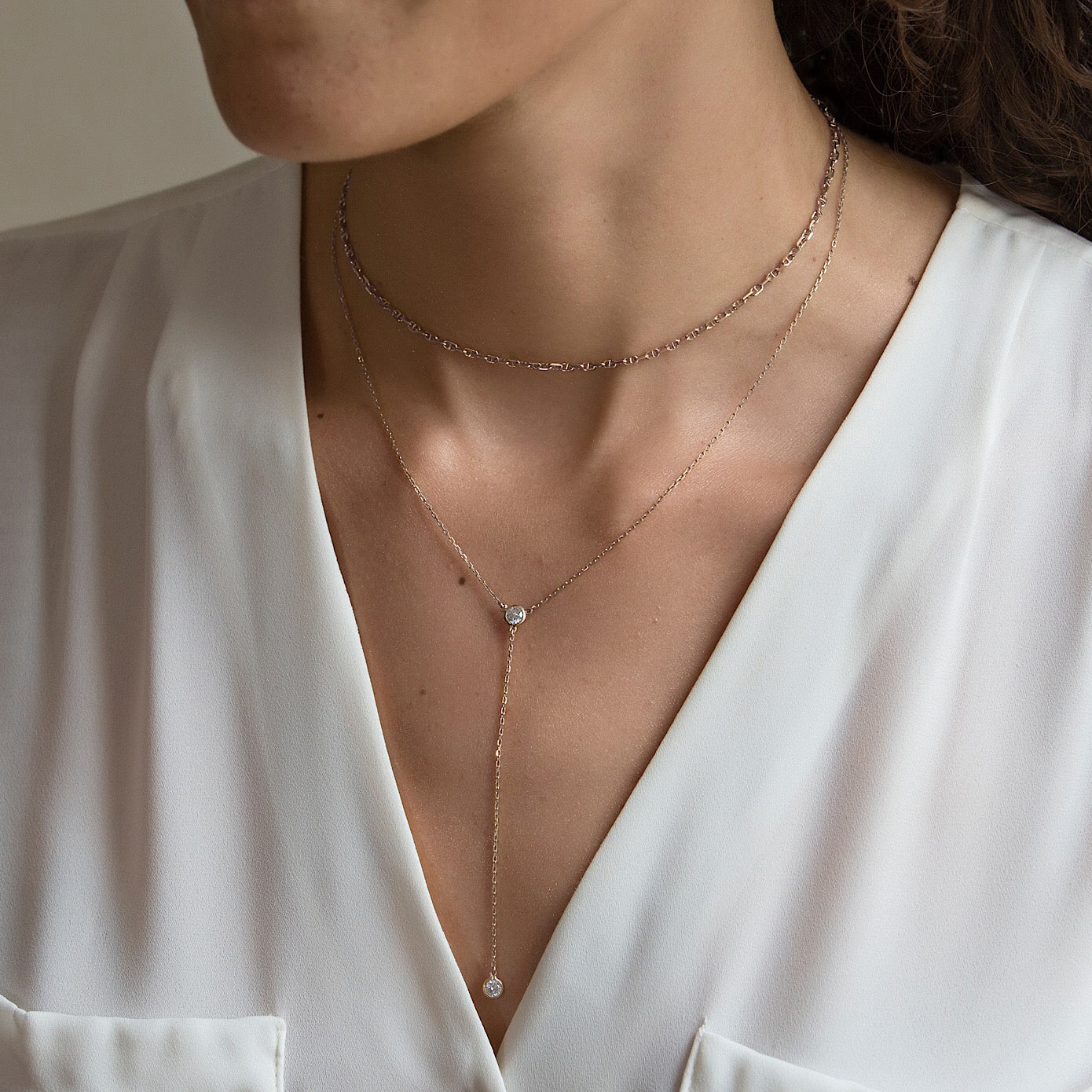 Dainty Sterling Silver Y Lariat Layered Necklace