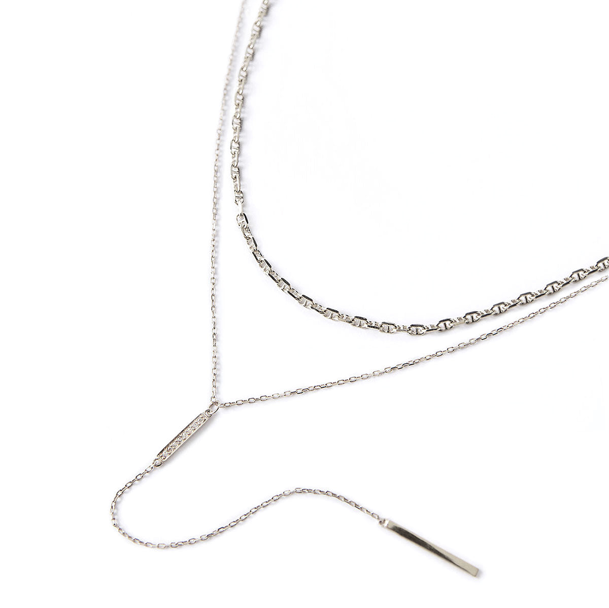 Silver Marina Chain and Bar Lariat Layered Necklace Duo