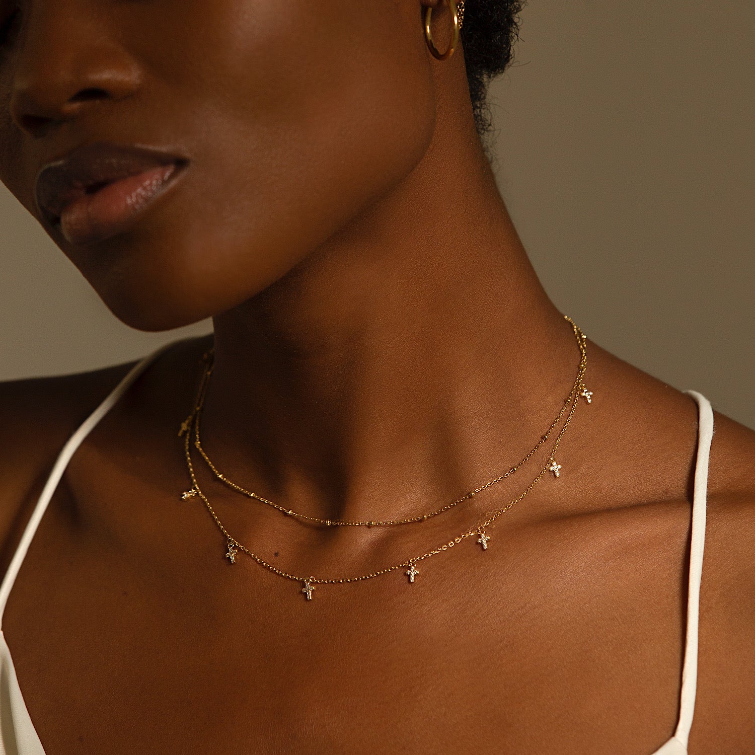 Amyo Gold Layered Necklace Set, Dangle Cross Necklace Gold Vermeil / Neck Circumference Under 15in