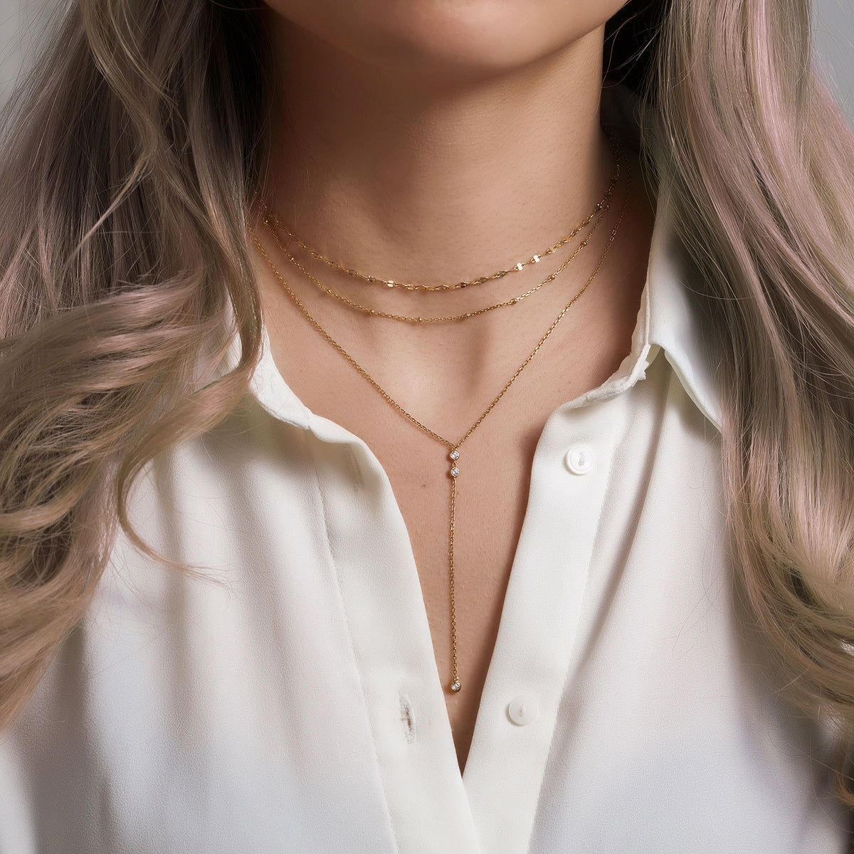 Gold Chain Link and Lariat Layered Necklace Set