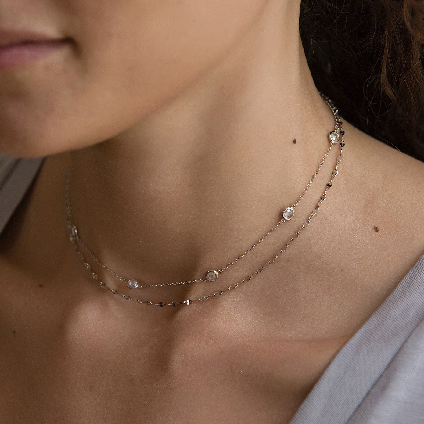Sterling Silver Crystal Chain Choker Layered Necklace