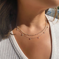 Silver Oval Link Choker and Tiny Dangle Crystal Layering Necklaces