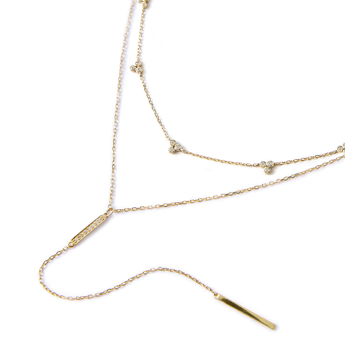 Gold Clover and Bar Lariat Layered Necklace