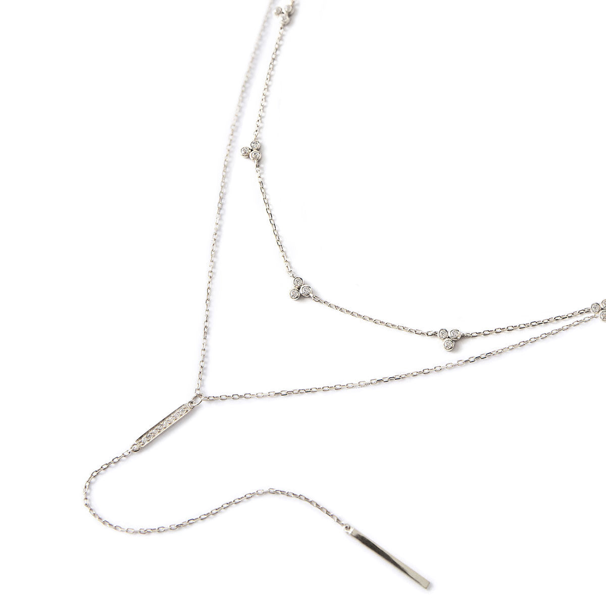 Sterling Silver Clover and Bar Lariat Layered Necklace