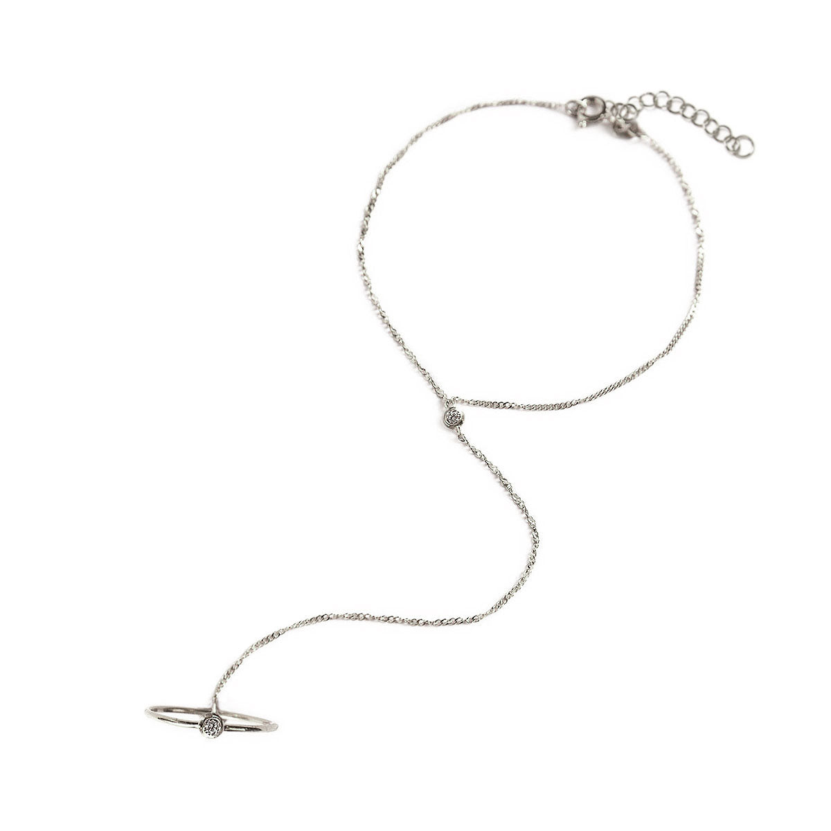 Silver Minimal Handchain featuring attached Ring with Cubic Zirconia crystal