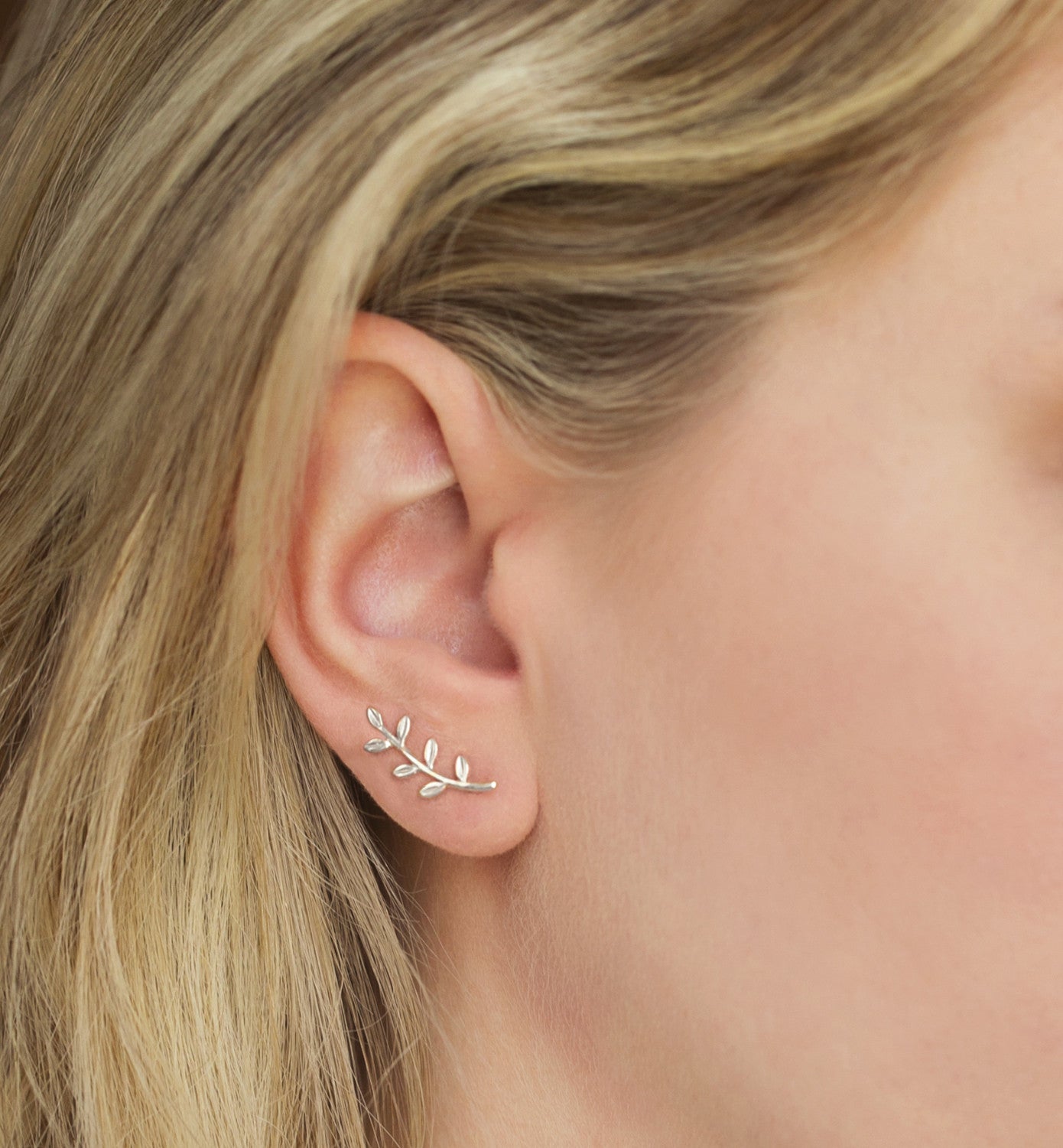 Silver Leaf Ear Climber Earrings, Earrings - AMY O. Jewelry