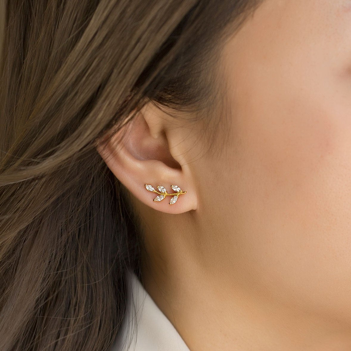 Gold Vermeil Crystal Leaf Ear Crawler Earrings