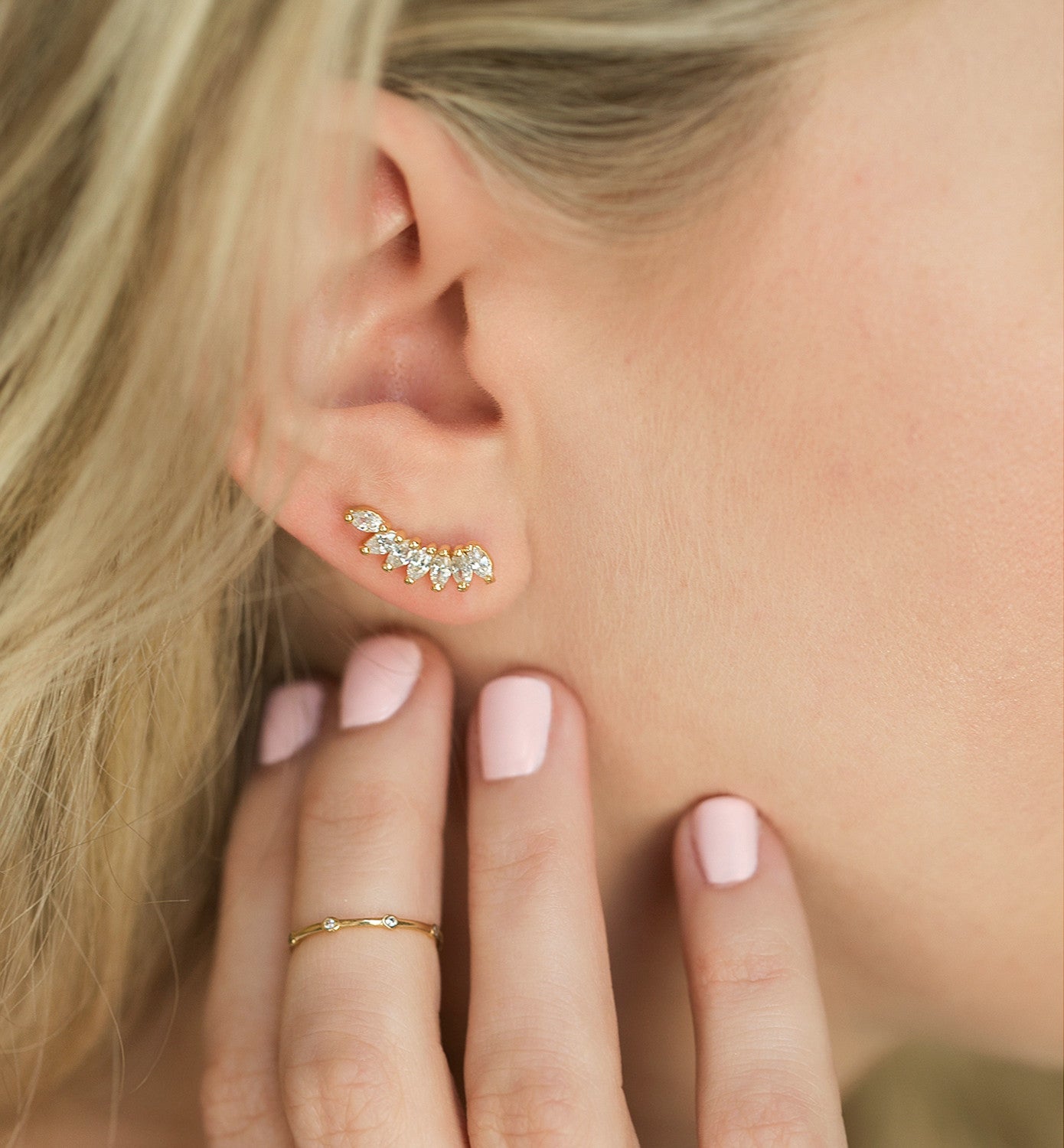 Gold Crystal Ear Climber Earrings with Dainty Gold Ring
