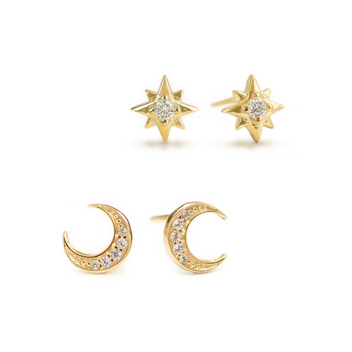 Pavé Crescent Moon and Star Earrings, Small Gold Earrings Set – AMYO ...