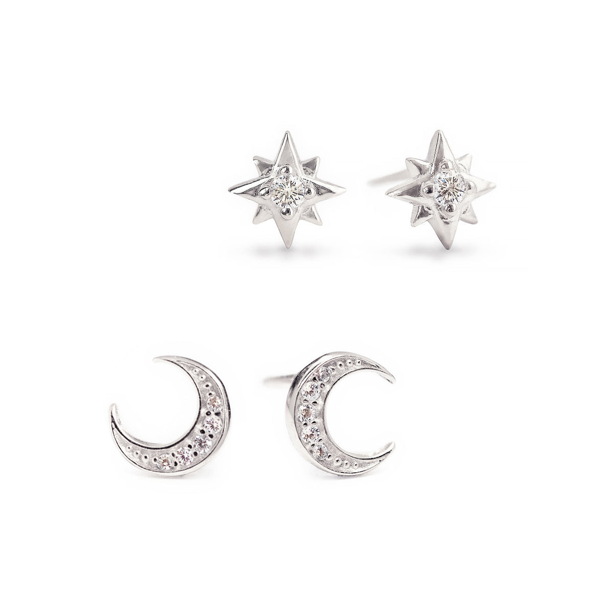 Pavé Crescent Moon and Star Earrings, Small Sterling Silver Earrings ...