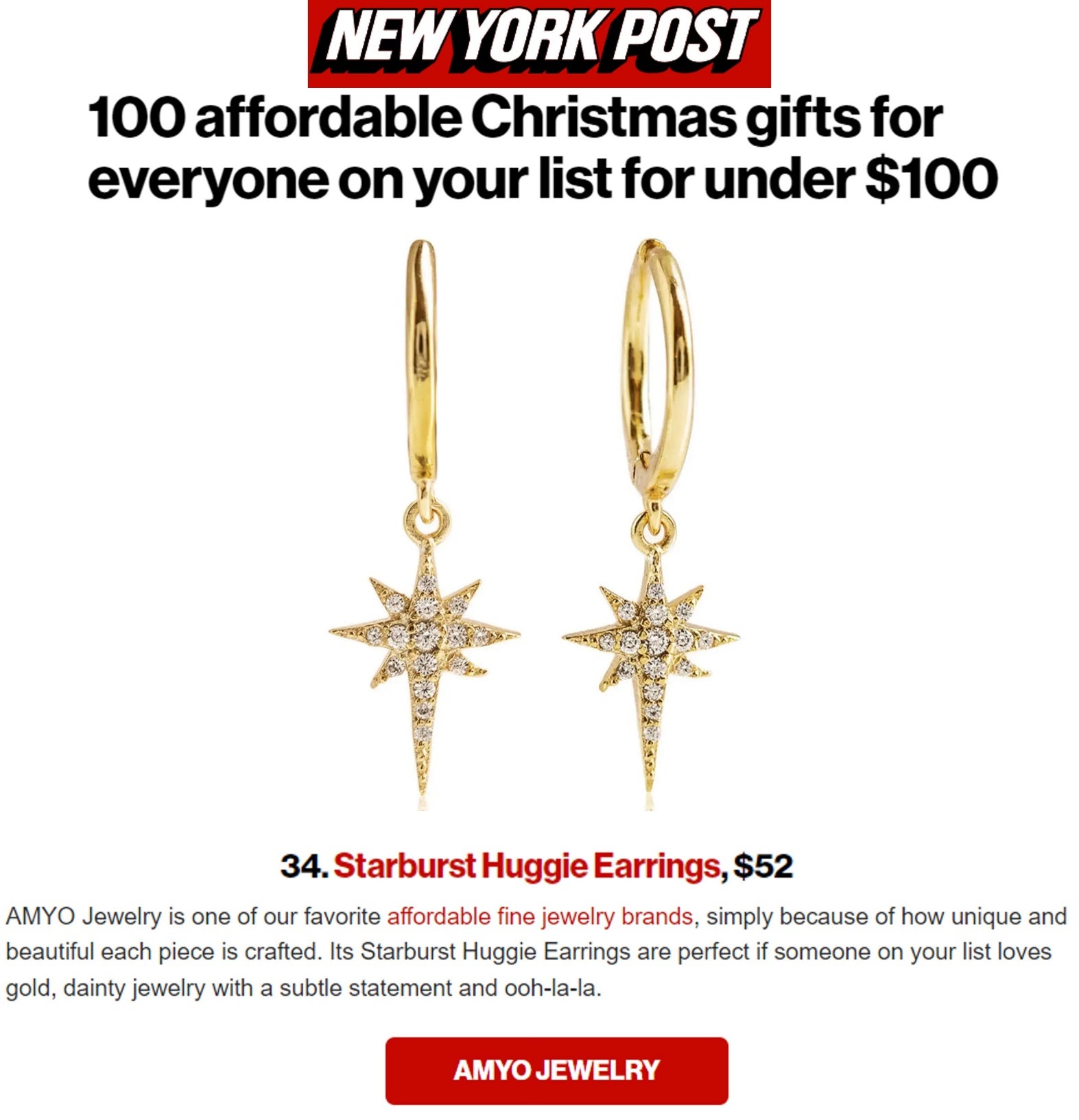AMYO gold starburst huggie earrings appear on New York Post article for being one of the" 100 affordable Christmas gifts for everyone on your list for under $100"