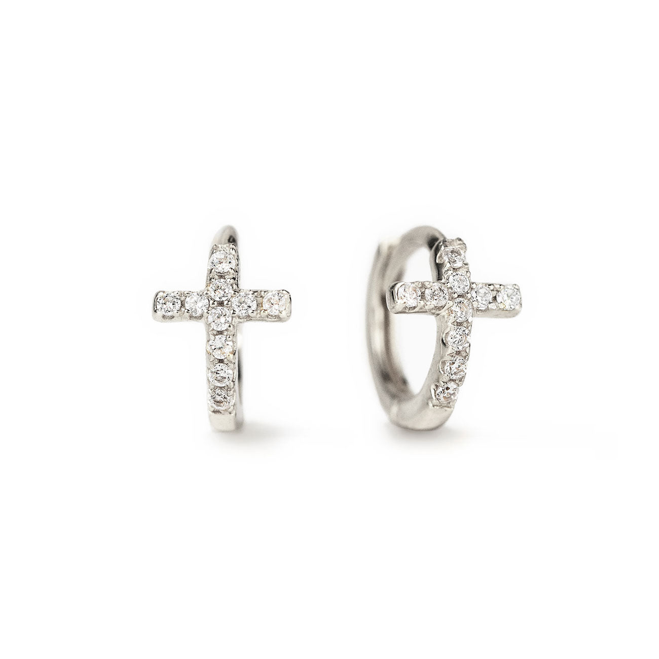 Silver Tiny Cross Huggie Hoop Earrings with Cubic Zirconia Crystals