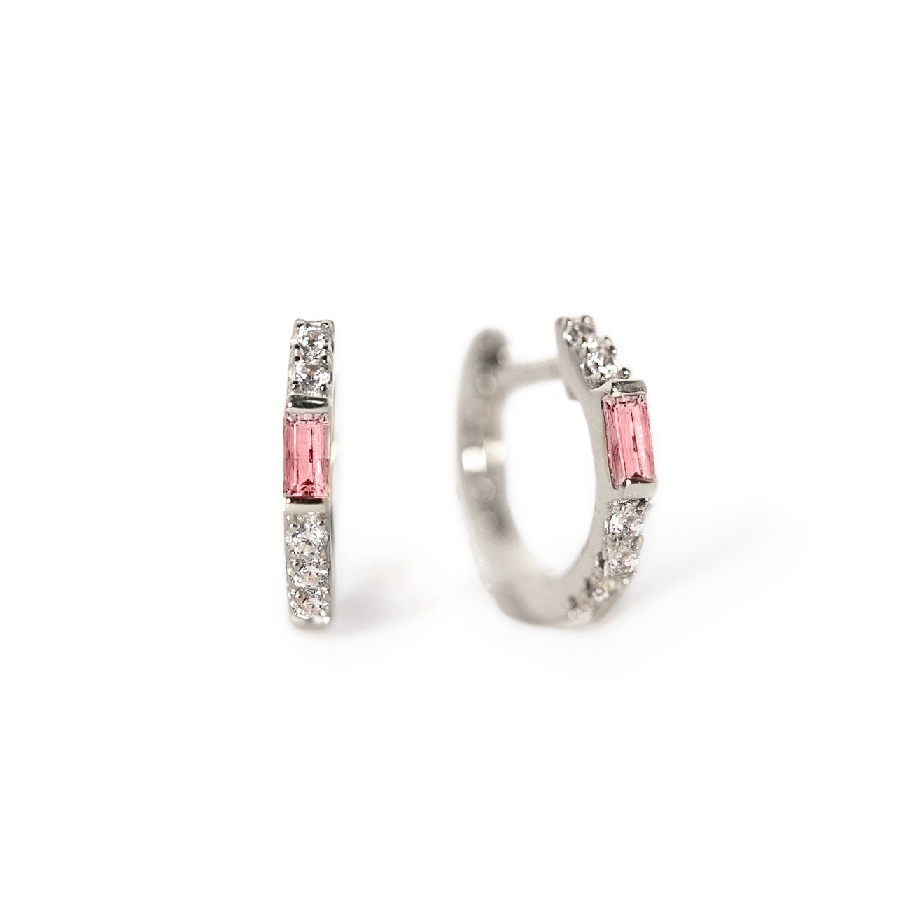 Sterling Silver Gemstone Baguette Huggie Earrings Pink