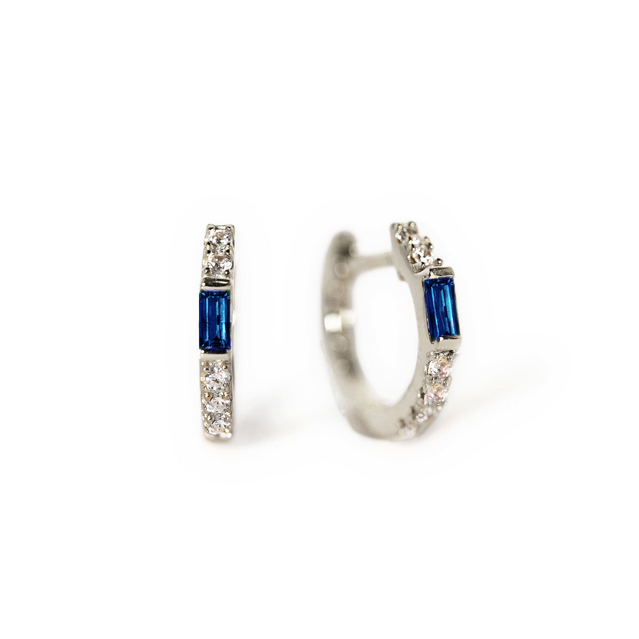 Gemstone Baguette Huggie Earrings Blue Sapphire