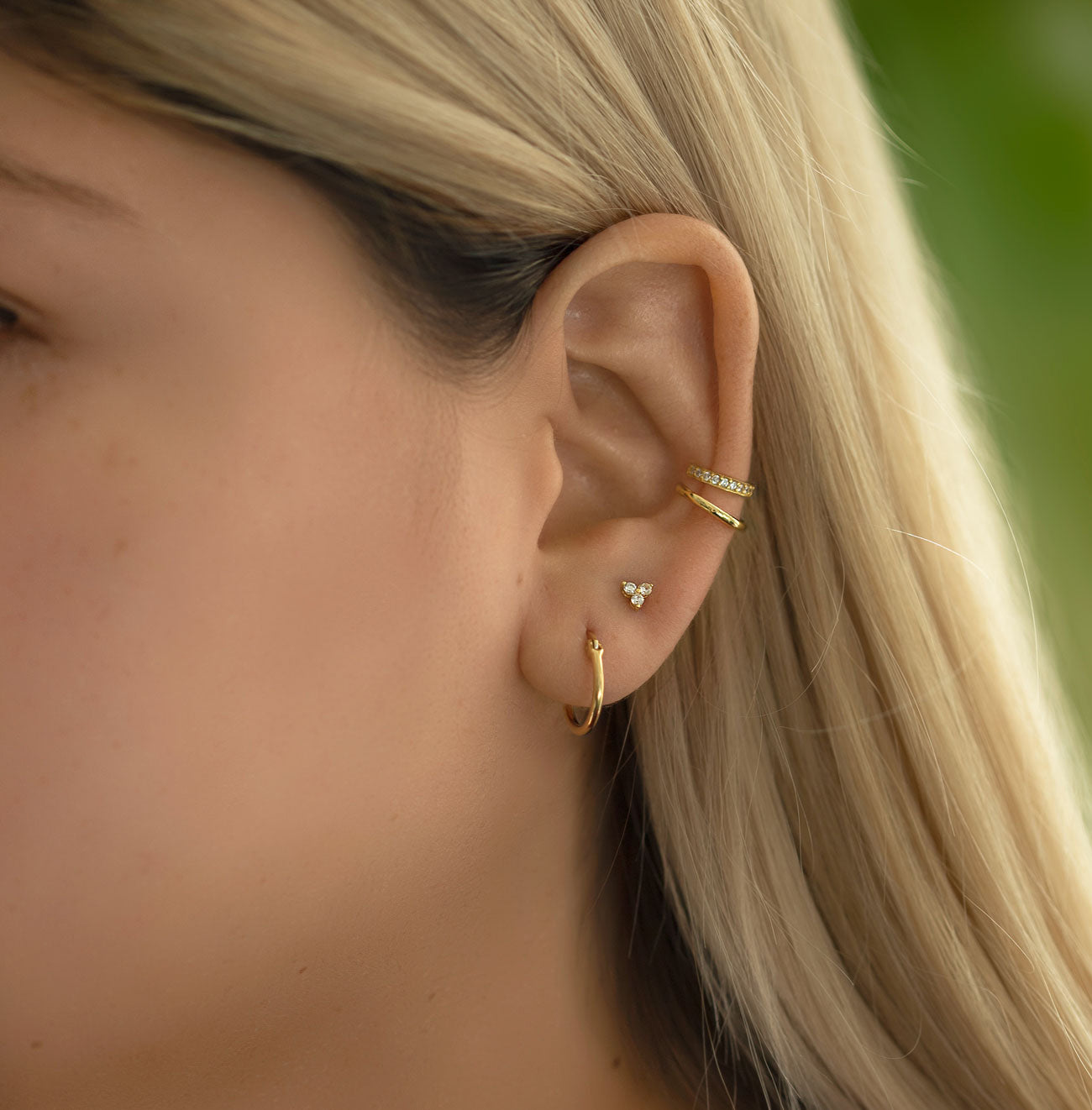 Curated Ear with Classic Gold Huggie Earring, Clover Stud Earring, Eternity and Pave Ear Cuff