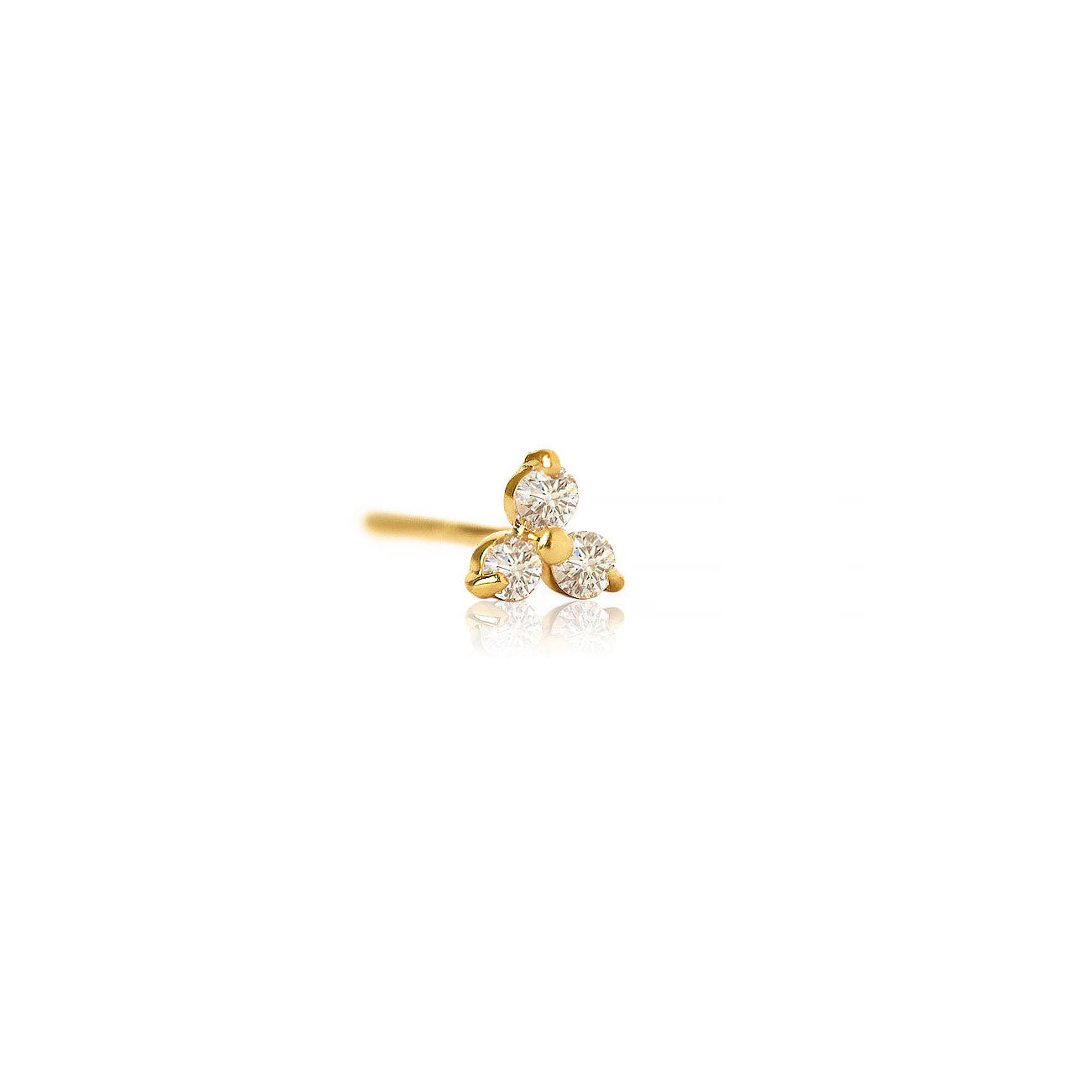 Single gold clover stud with three round clear stones, on a white background