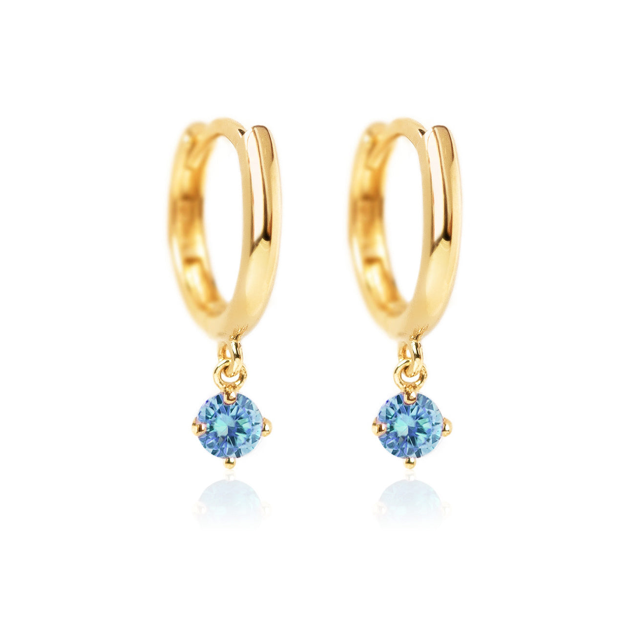 14K Gold Gemstone Dangle Huggies Blue Zircona CZ Crystal 