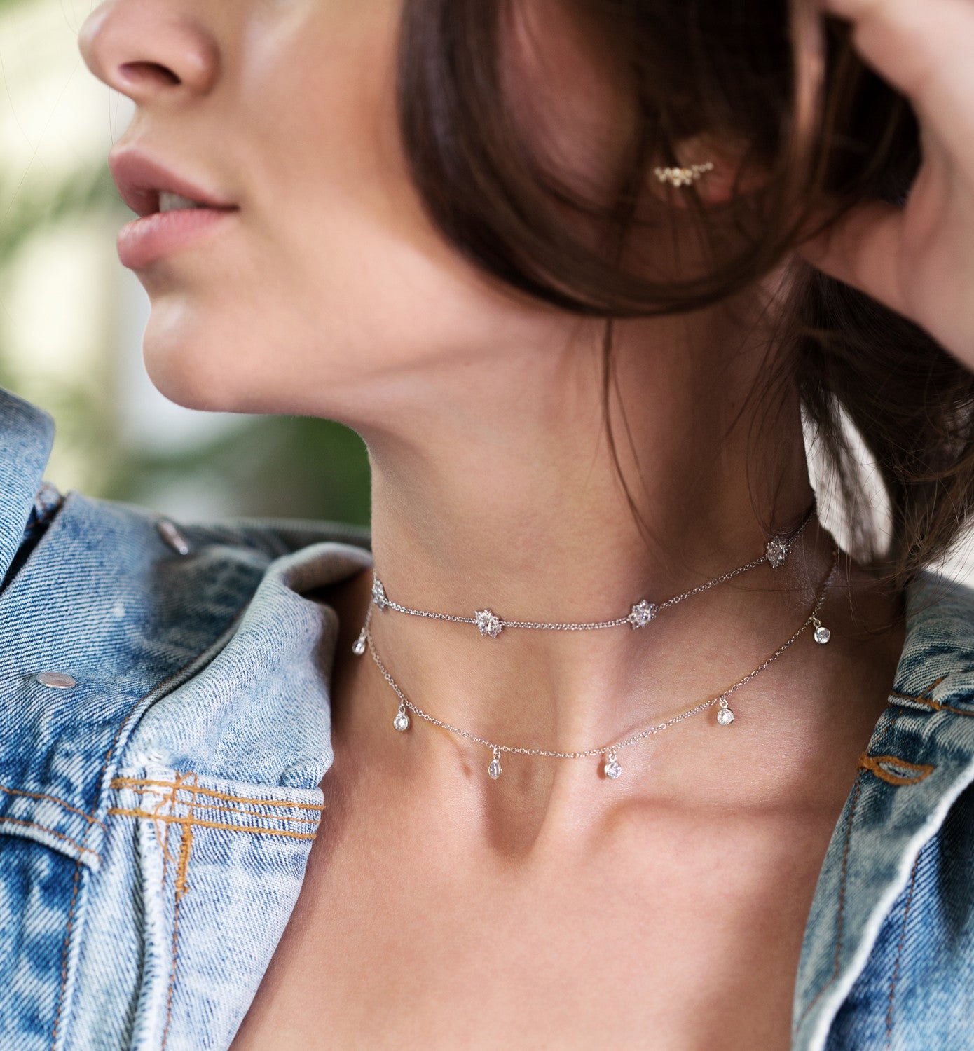 Sterling Silver layered choker necklaces with Cubic Zirconia crystals