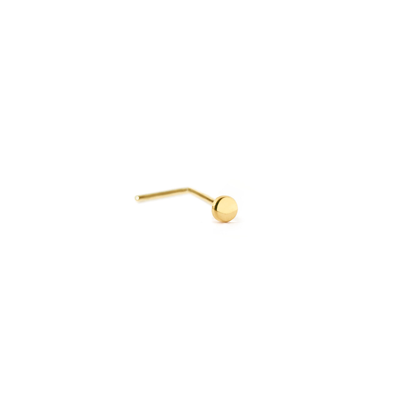 Gold tiny disc nose stud with an L-shaped post, on a white background.