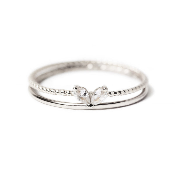 Tiny Pear Heart + Thin Stacking Ring Set, Stacker Set, Silver